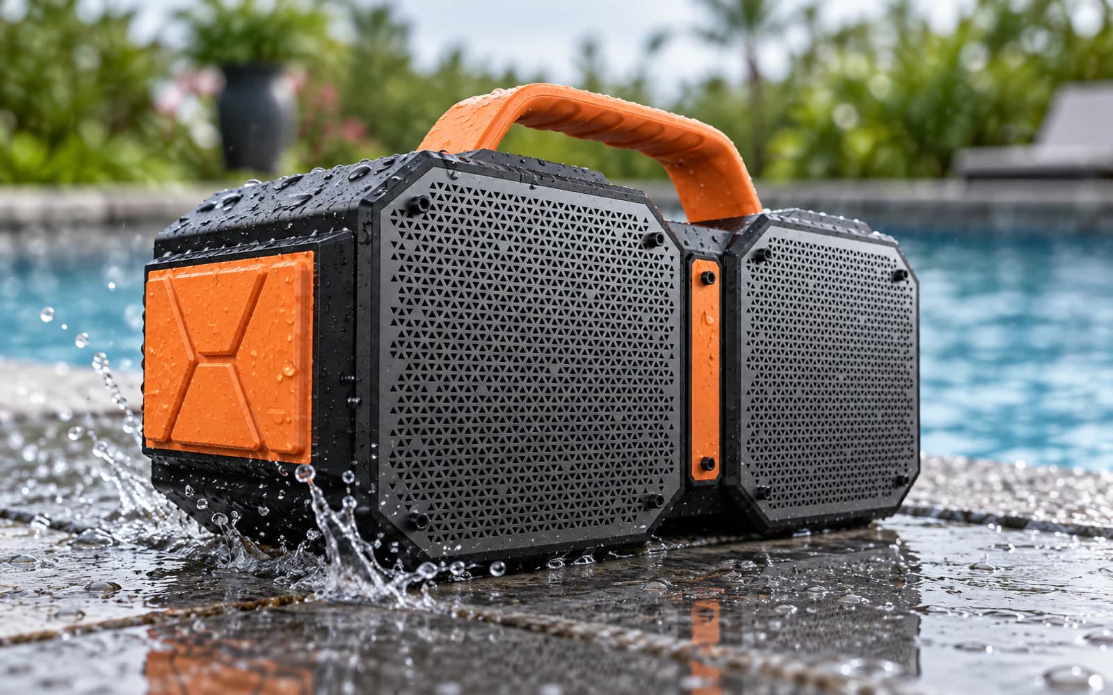 Rugged portable speaker covered with water droplets beside a pool