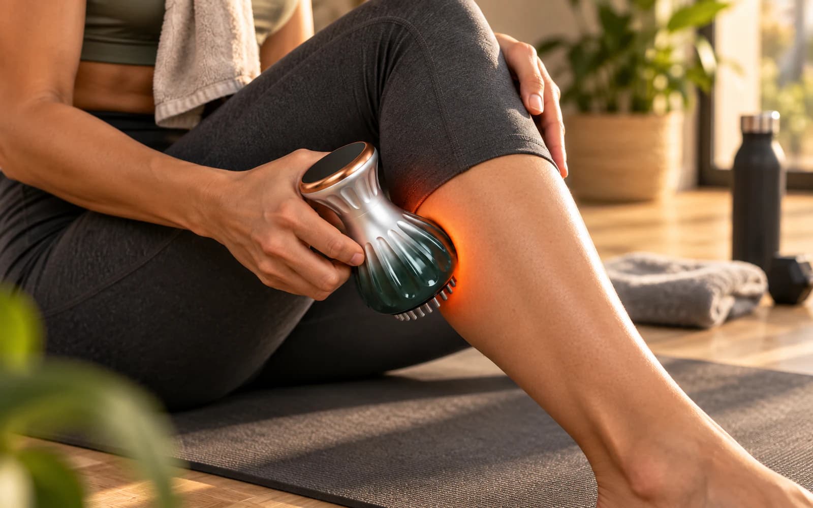 Using a handheld body massager after a workout in warm natural light