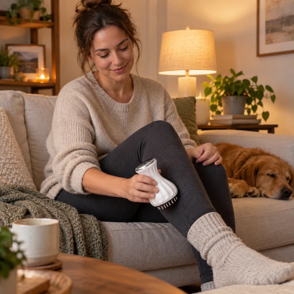 Customer using the Abitmax massager while relaxing at home