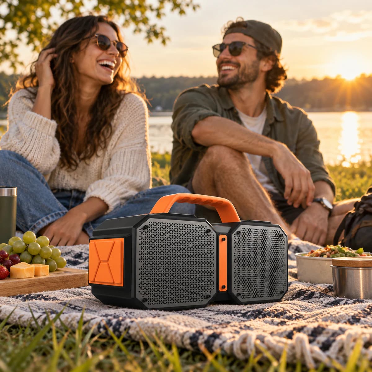 Friends enjoying the Abitmax portable speaker at a lakeside picnic